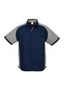 A short sleeve button-up shirt featuring navy and grey colours with a chest pocket and branding.