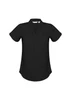 A black women's short sleeve button-up shirt with a v-neck and rolled sleeves, featuring a logo.
