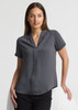 A short-sleeve, button-up shirt in grey, featuring a collared neckline, displayed on a model against a neutral background.