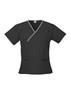 A black scrub top featuring a contrast crossover design and short sleeves, with pockets and a logo.