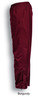 A pair of burgundy track pants featuring an elastic waistband and zippered cuffs, with a logo on the side.