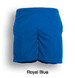 Royal blue unisex microfibre shorts with a logo, featuring a simple design and an elastic waistband.