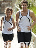 A man and a boy are jogging outdoors, wearing matching white and black athletic tank tops with shorts.