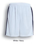 Kids soccer panel shorts in white with navy accents, featuring an elastic waistband and a logo on the side.