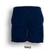 Navy sports shorts made from peach skin microfibre, featuring a logo and side pockets.