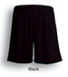 Black sports shorts with an elastic waistband, featuring a simple design and a branding logo.