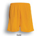 Gold sports shorts with an elastic waistband, featuring a logo. Lightweight and suitable for active wear.