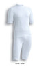 Performance wear consisting of a short-sleeved top and bike shorts in white with silver accents. Features a logo.