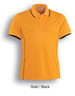 A gold and black polo shirt with short sleeves and contrasting seam details. Features a logo on the chest.