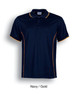 A navy short sleeve polo shirt with gold accents and a logo. Suitable for casual or semi-formal wear.