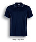 A navy polo shirt with sky blue piping and a logo, featuring short sleeves and a classic collar design.