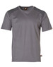 A grey short-sleeve work t-shirt with a logo and textured shoulder panels.