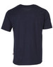 A navy blue short-sleeve work t-shirt featuring a logo on the side. The back view highlights its simple design.