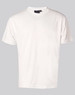 A white short sleeve tee with a lightweight fabric, featuring a logo on the collar area.