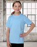 A light blue kids' short sleeve tee, featuring a simple design and a logo on the front, displayed on a girl.