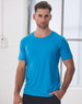 A blue men's Cooldry stretch tee with short sleeves, featuring a subtle logo on the chest.