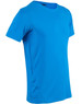 A blue men's Cooldry stretch tee featuring short sleeves and a textured side panel. It has a logo on it.