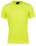 A bright yellow short-sleeved men's T-shirt with a round neck and a logo on the label.
