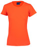 An orange stretch t-shirt featuring a round neck and short sleeves, with a logo on the inside label.