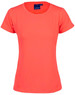 A bright coral women's T-shirt with short sleeves, featuring a logo on the neckline.