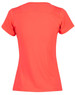 A back view of a Ladies' Cooldry Stretch Tee in bright coral, featuring a mesh panel and a logo.