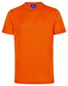 An orange short-sleeve performance tee with a round neckline and a logo on the label.