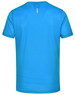 A blue short-sleeve t-shirt featuring a simple design and a logo on the back.