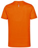 An orange short-sleeve performance t-shirt with a reflective detail at the back and a logo.