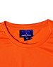 An orange short-sleeve performance tee with a neckline label and a logo.