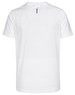 A white men's short sleeve performance T-shirt featuring a logo on the back.