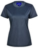 A women's short-sleeved performance tee in dark blue, featuring a lightweight fabric and a logo.