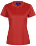 A red ladies' lightweight performance short sleeve tee with a logo on the neckline.