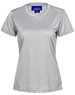 A light grey women's performance t-shirt with short sleeves and a fitted design. It features a logo on the neckline.