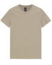 A plain, light beige premium cotton t-shirt with a round neckline and short sleeves. It features a logo label.