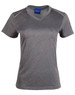A grey short sleeve women's t-shirt with a V-neck design and decorative stitching, featuring a logo on the label.