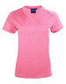 A pink short sleeve tee with a v-neck design and shoulder detailing, featuring a logo on the label.