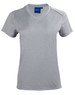 A grey short sleeve tee with a v-neck design, featuring a logo on the neckline. 