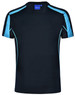 A black short-sleeved T-shirt with blue accents and a logo on the label. Suitable for kids.