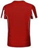 A red short-sleeve T-shirt with white accents and a logo on the back. Suitable for kids.