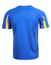 A blue and yellow children's short-sleeve T-shirt with a sporty design and branding on the back.