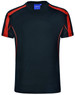 A black short-sleeve T-shirt with red accents and a logo on the neckline.