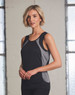 A black ladies' sprint singlet featuring grey side panels and a logo, designed for active wear.