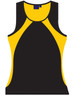 A black and yellow ladies' sprint singlet featuring a logo, designed as a sleeveless athletic top.