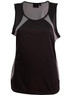 A black ladies' sprint singlet featuring mesh panels, designed for comfort and breathability. Includes a logo.