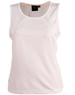 A sleeveless, light-coloured women's singlet with a mesh design and a logo on the label.
