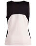 A women's singlet featuring a black and white design with a logo present on the garment.
