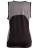 A ladies' sprint singlet featuring a mesh design, predominantly black with grey accents, and a logo on the back.