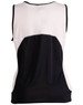 A sleeveless ladies' sprint singlet in black and white with a mesh design and a logo on the back.