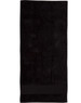 A black terry velour beach towel measuring 75x150 cm, featuring a simple design and a logo.