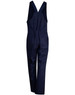 A navy blue cotton drill overall with adjustable straps and multiple pockets, featuring a logo on the front.